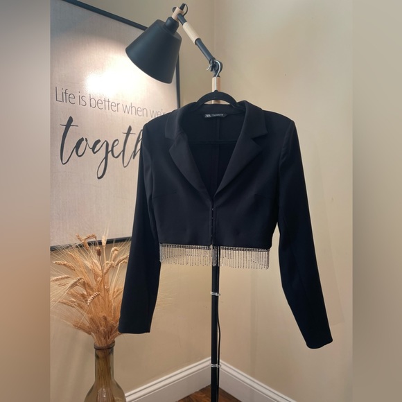 Zara Rhinestone Shiny Black Mini Blazer Jacket Top - Picture 3 of 11
